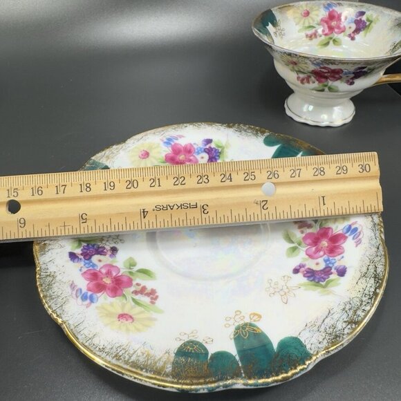 Vintage German Porcelain Teacup And Saucer Set Flower Pattern Gold Accent Decor - Picture 2 of 12